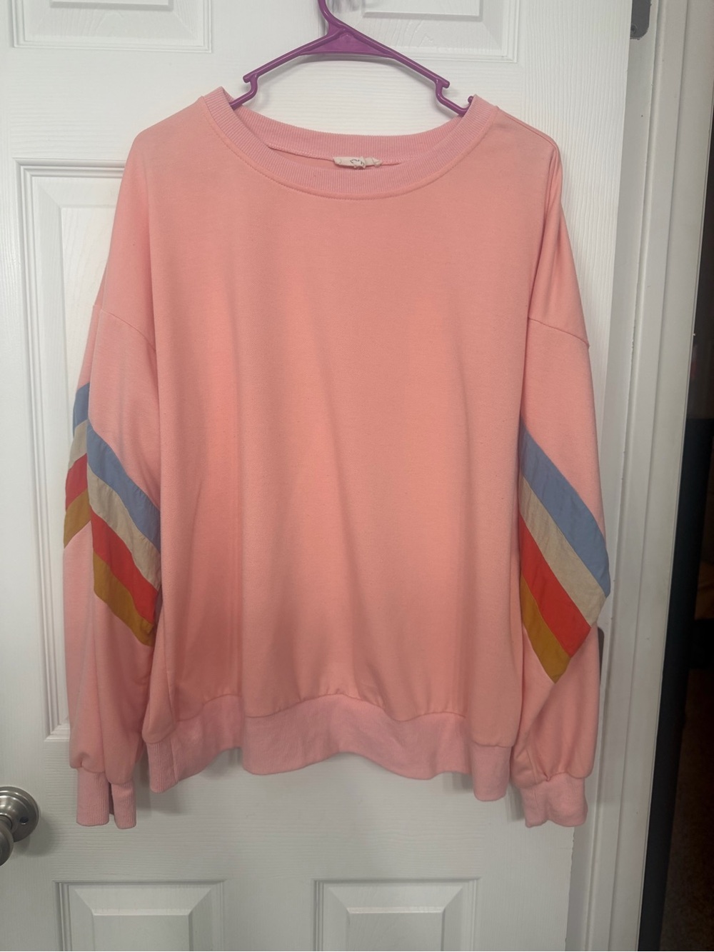Women's Pink Crewneck Sweatshirt with Multicolor Sleeve Stripes